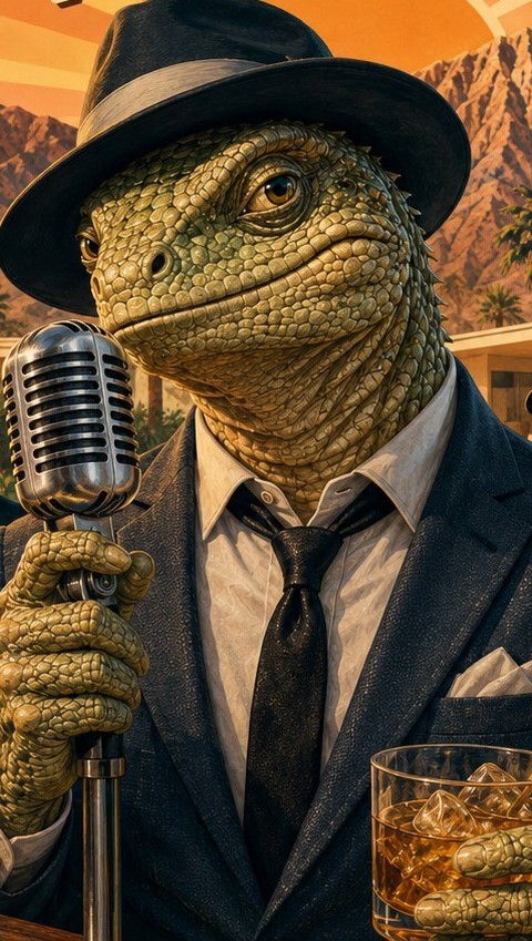 Lenny the Lounge Lizard — a lizard in a dark suit and fedora, one hand on a chrome microphone, whiskey on the rocks in the other, palm trees and mountains behind him